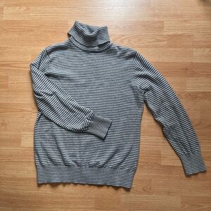 LL Bean grey stripe turtleneck pullover cotton cashmere blend sweater medium